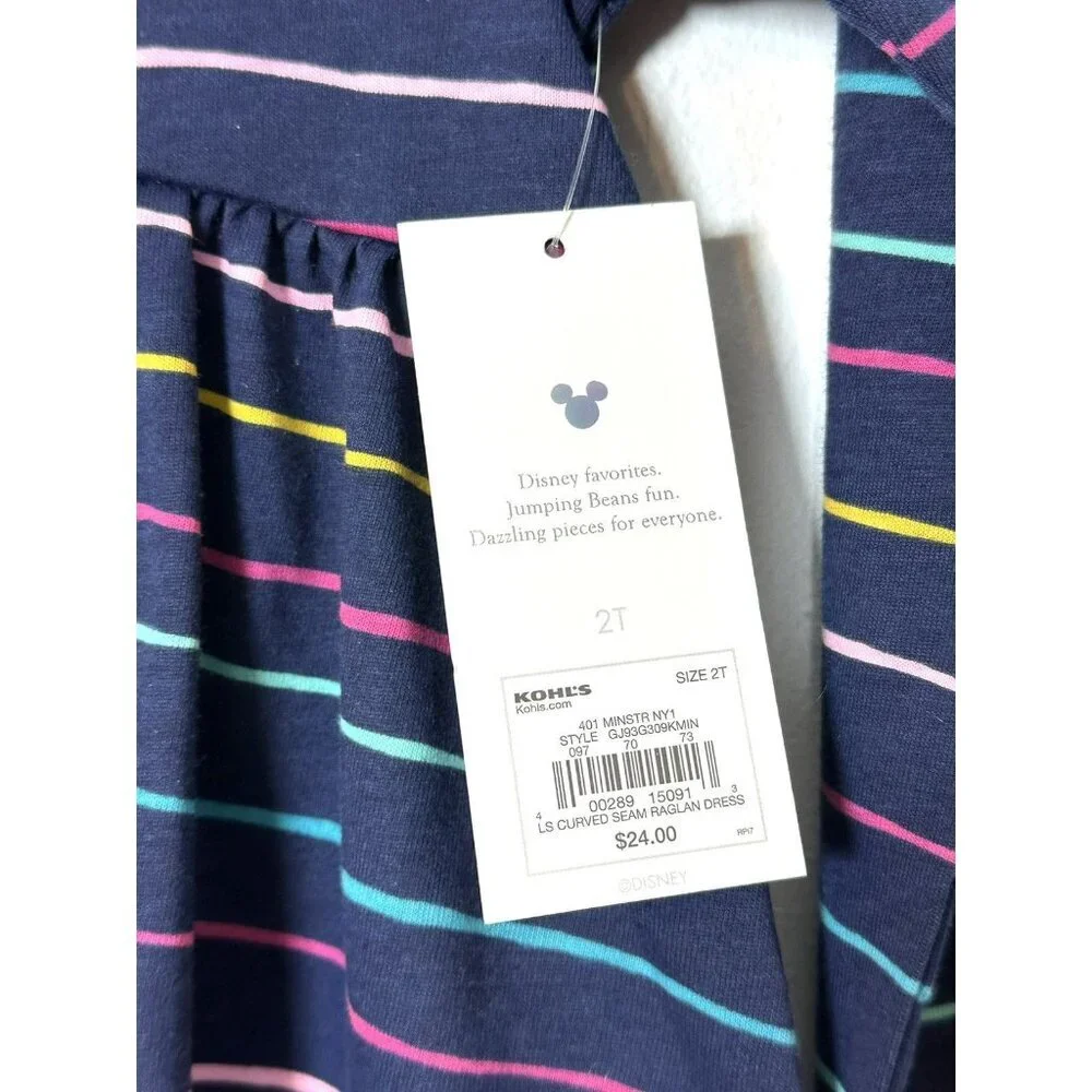 NWT Jumping Beans Disney Minnie Mouse Dress Girls Navy 2T Stripe LS‎ Raglan Blue